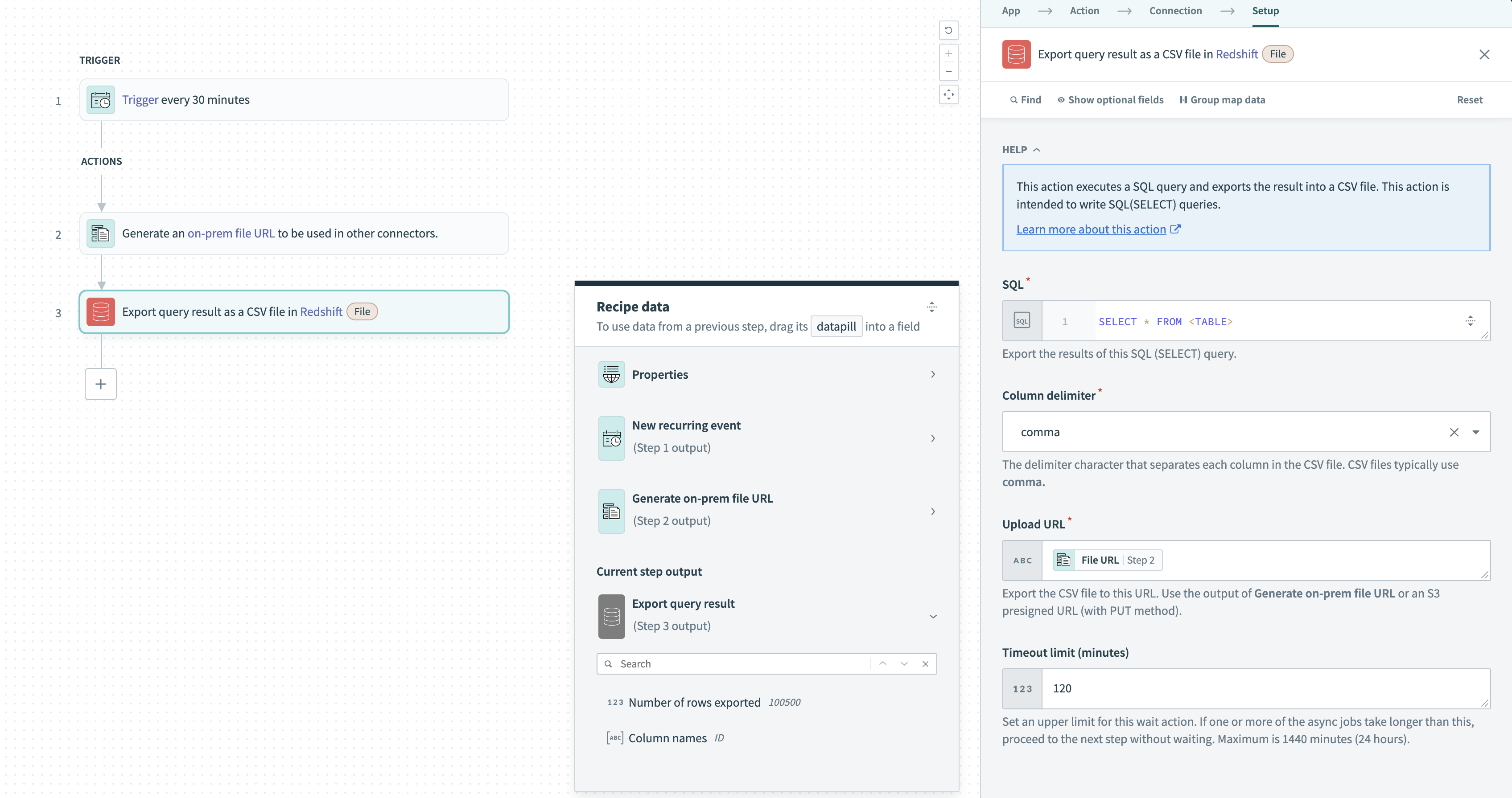 Export query result action on-prem connection