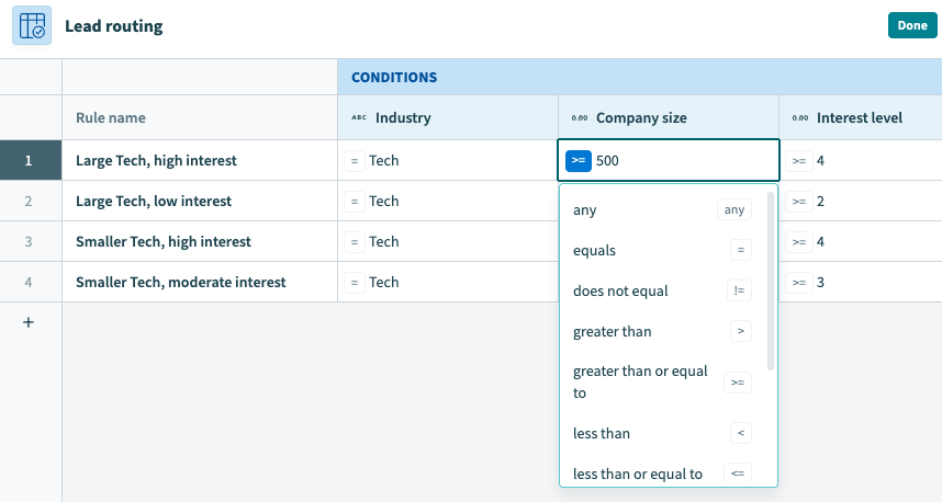 Select an operator from the drop-down menu