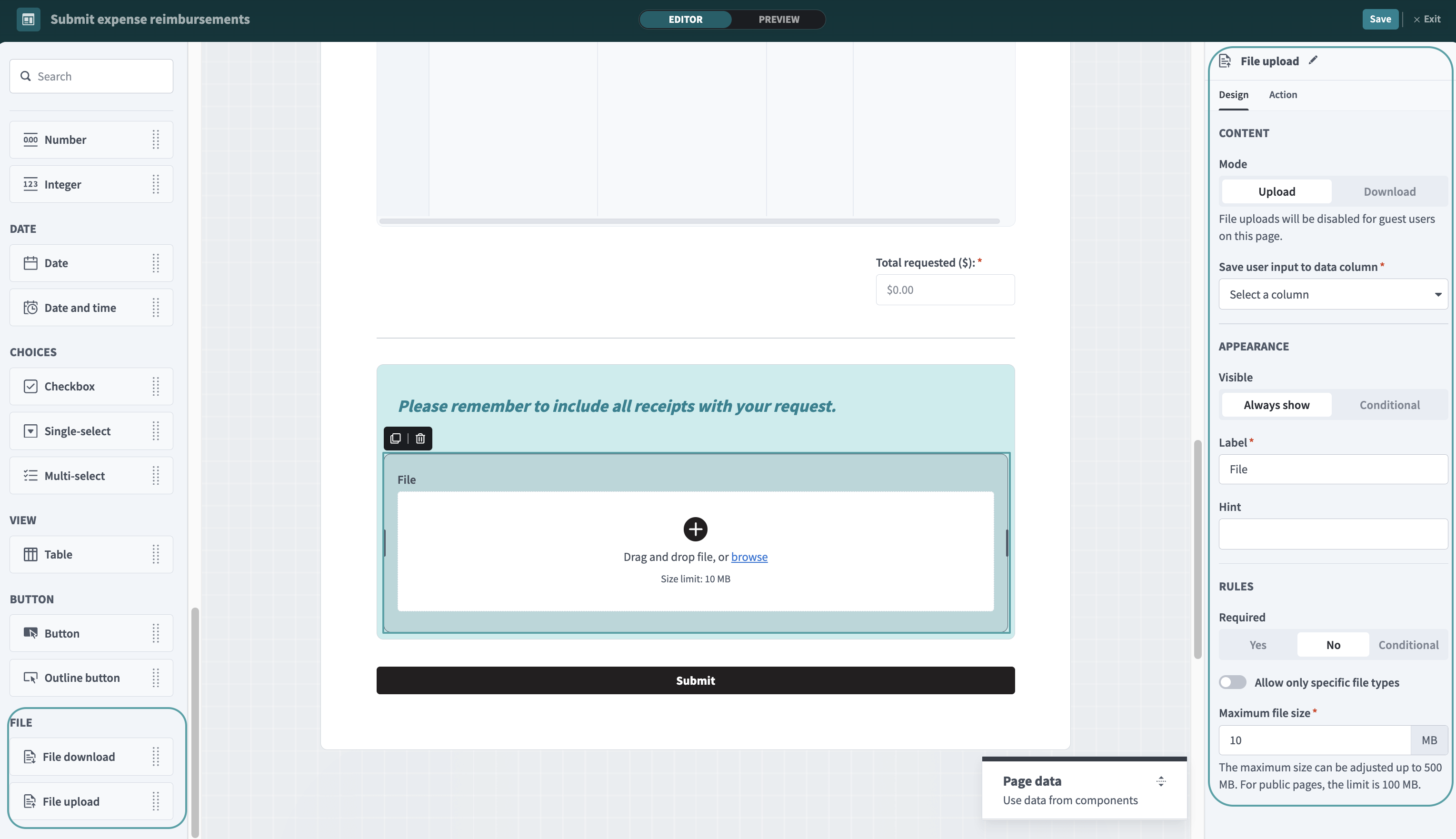 Upload/download file components