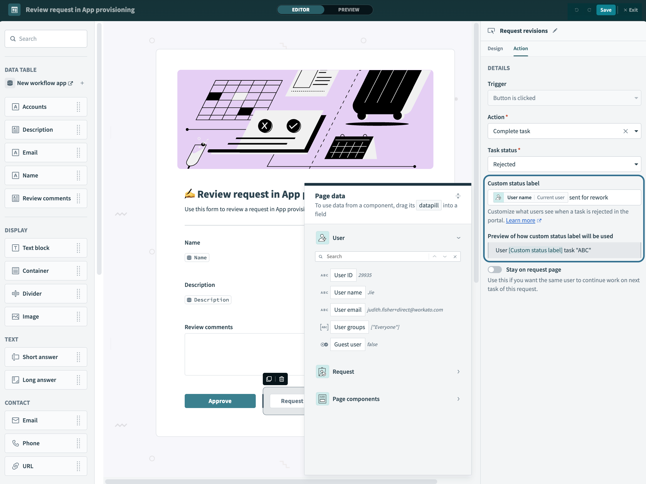 Button with complete task action and custom status label with datapill