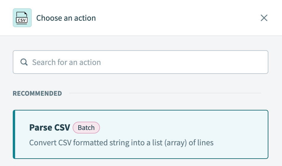 Select the Parse CSV action