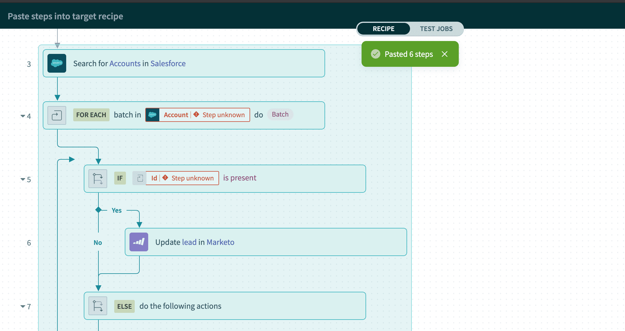 ペーストされたステップではステップの順序が維持される