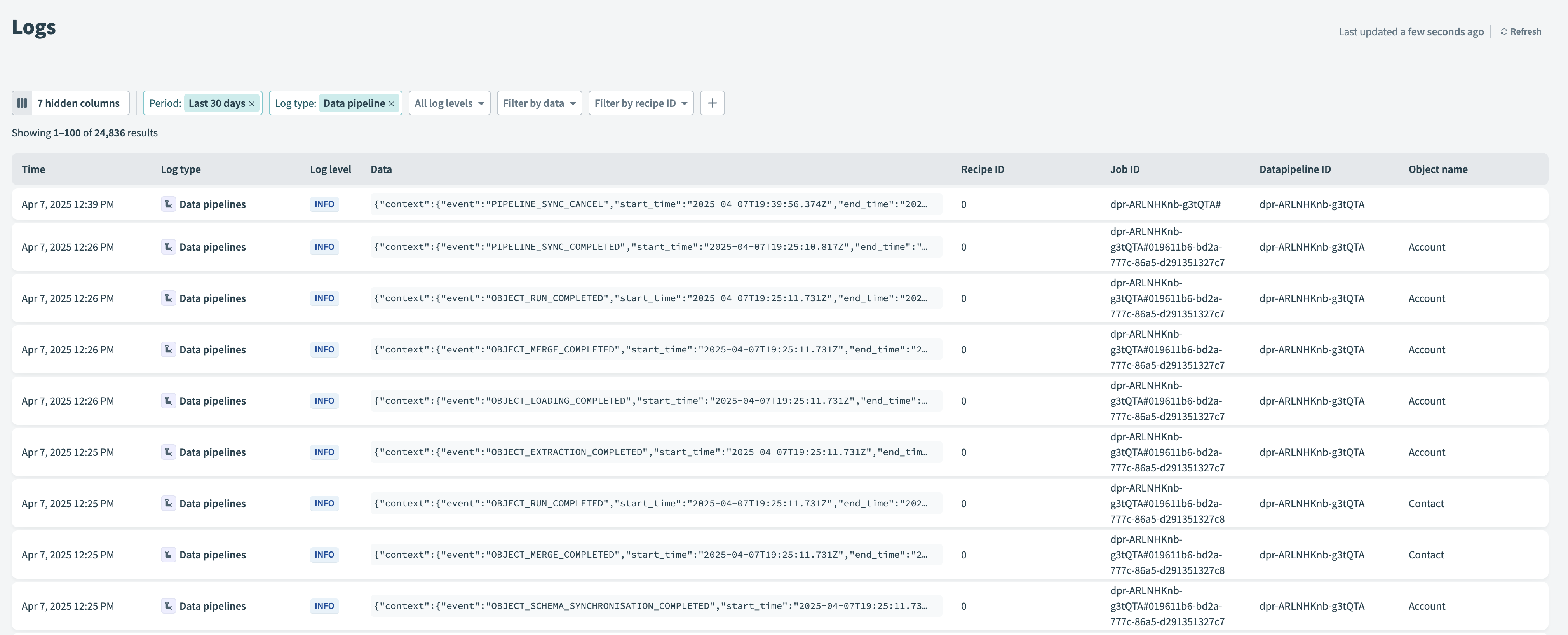 Data pipeline logs