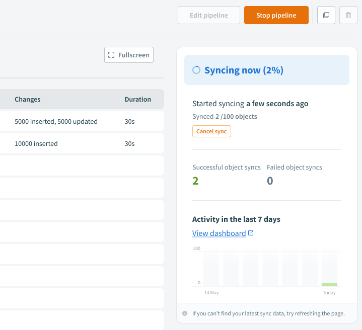 Data Pipeline activity status during sync