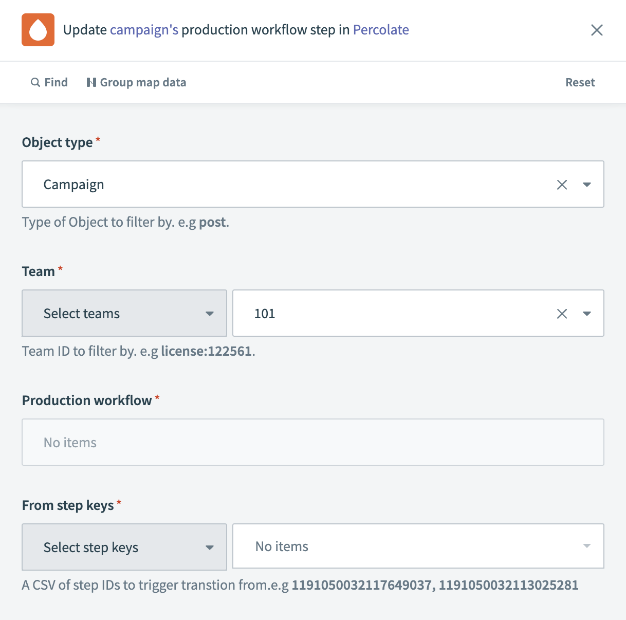Update Object's Production Workflow Step in Percolate action