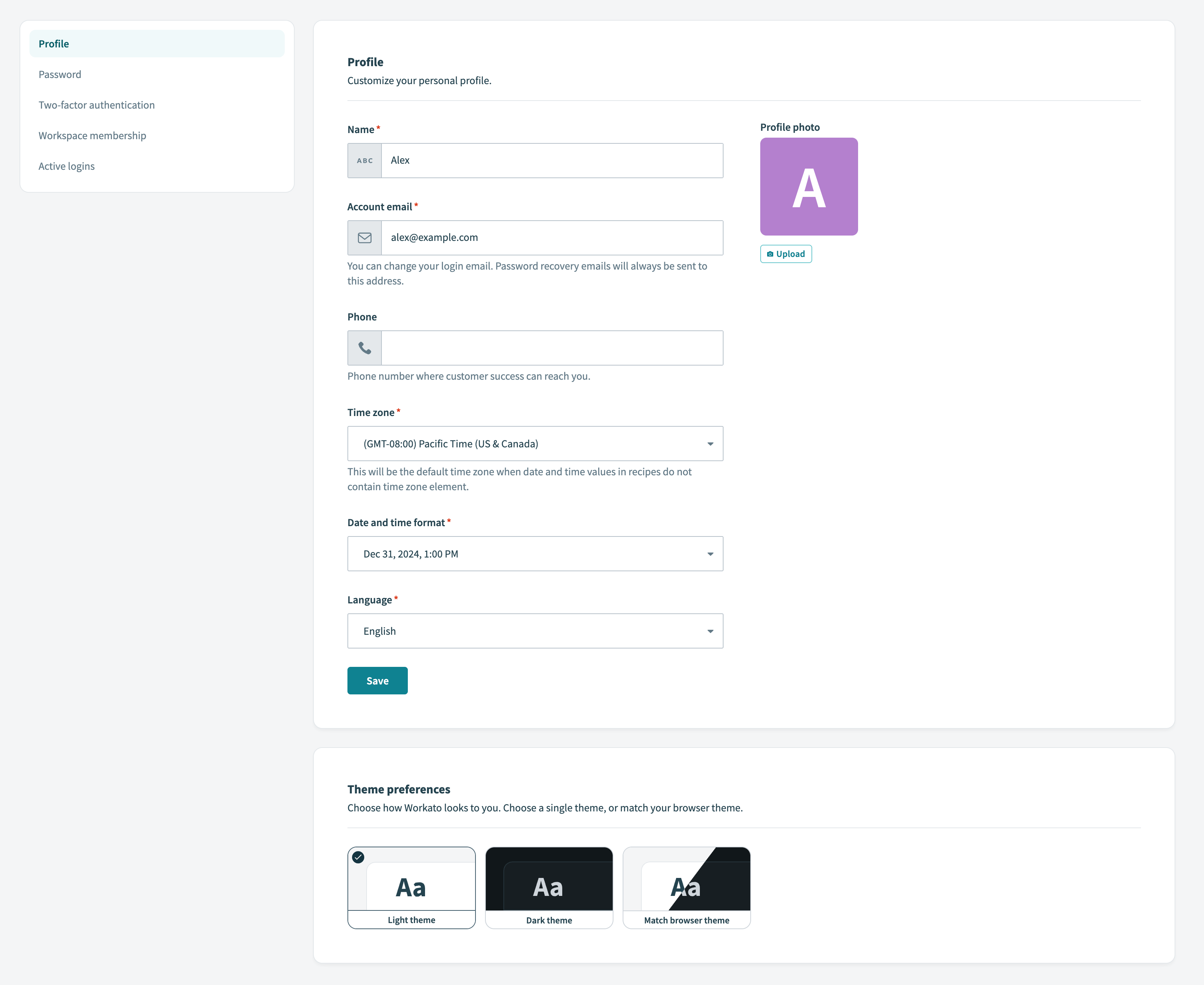 Profile settings page