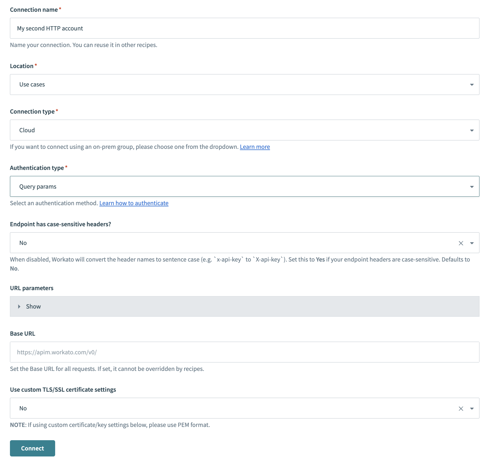 HTTP connector authentication type: Query params