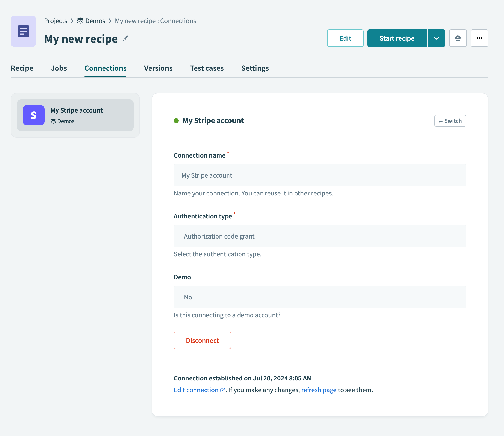 Select the existing Stripe connection