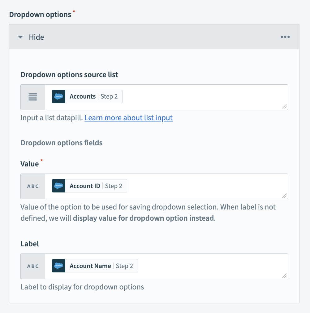 Configure the Return data to dropdown action