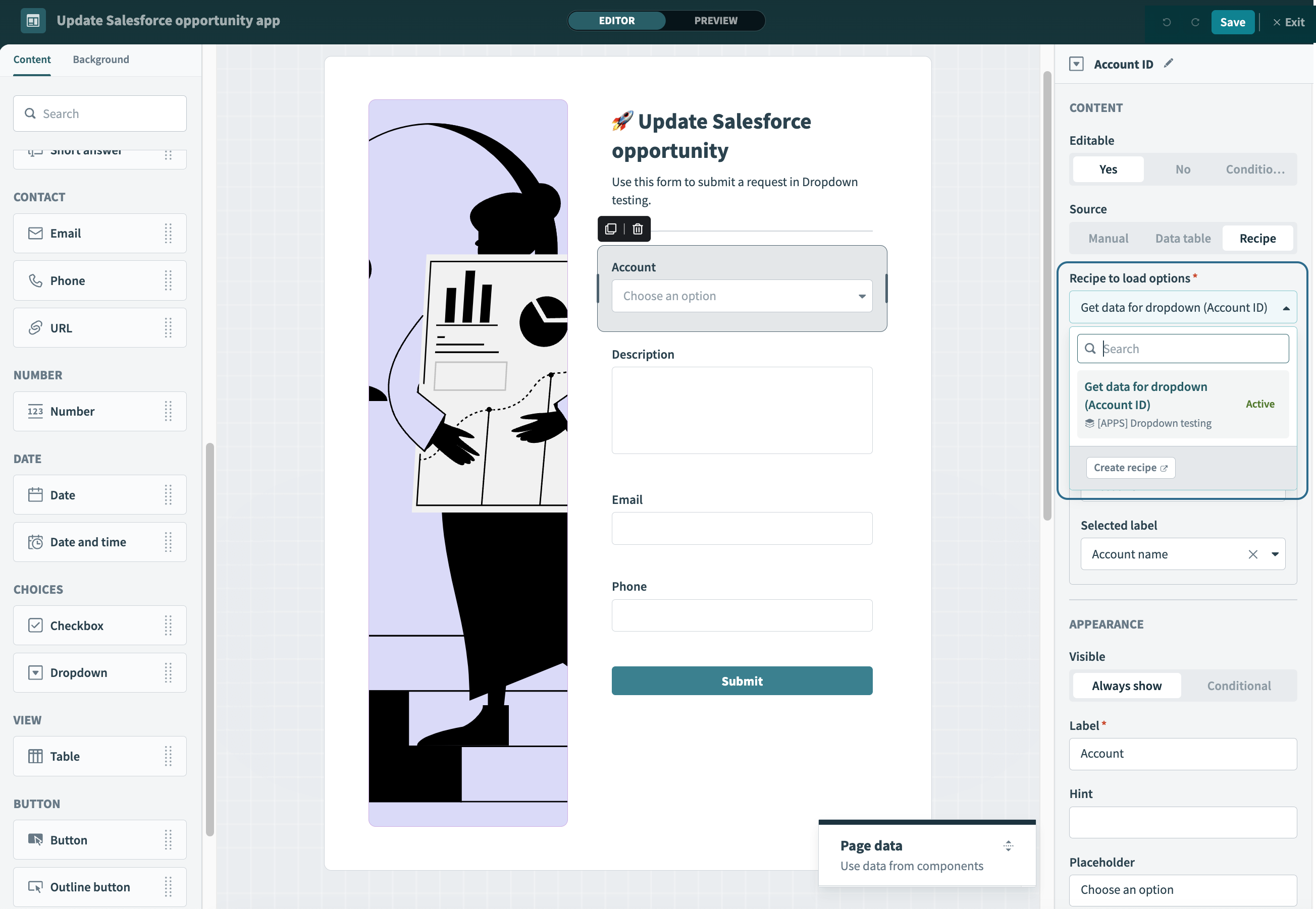 Select a recipe from the drop-down