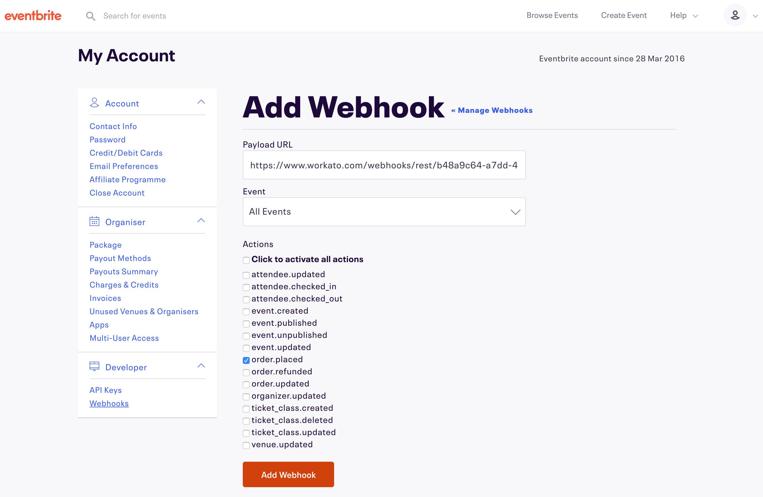 Add a webhook in Eventbrite to send data to the webhook trigger