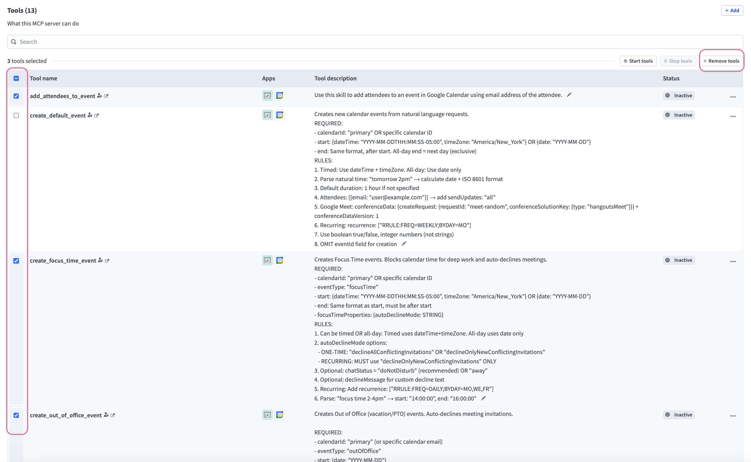 Select the checkboxes for the tools you plan to remove