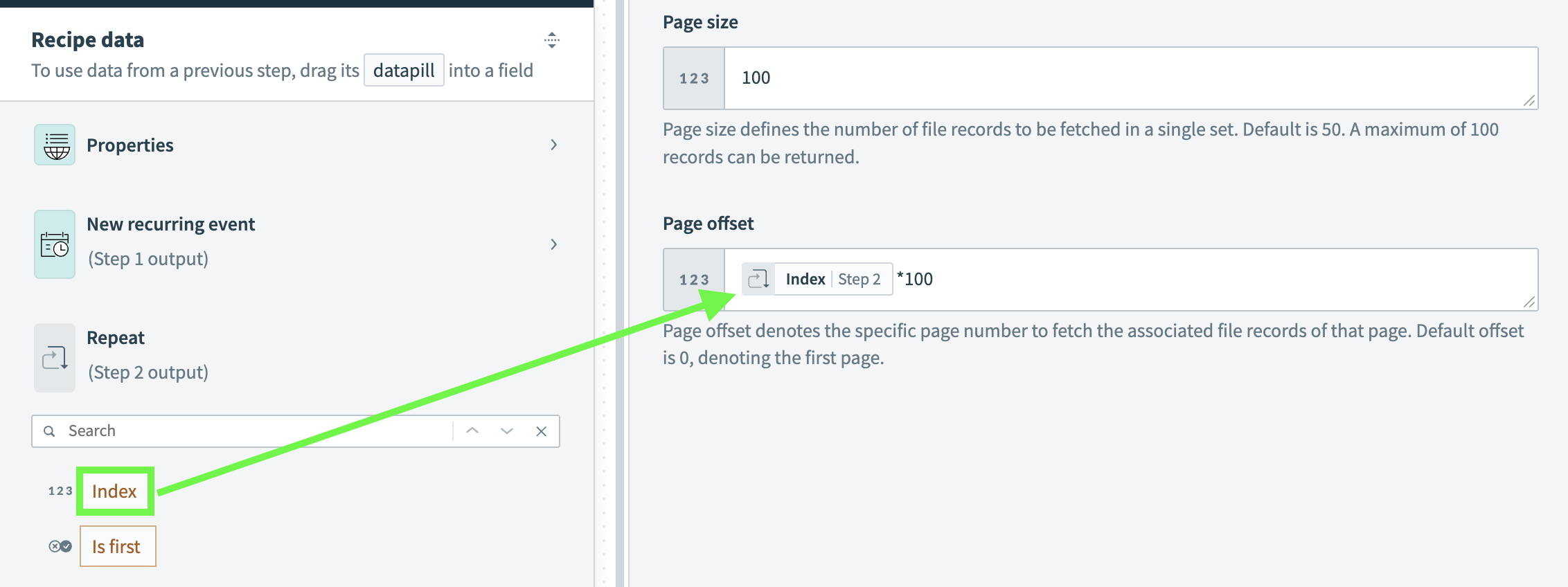 Multiply the loop Index by the page size to define an offset
