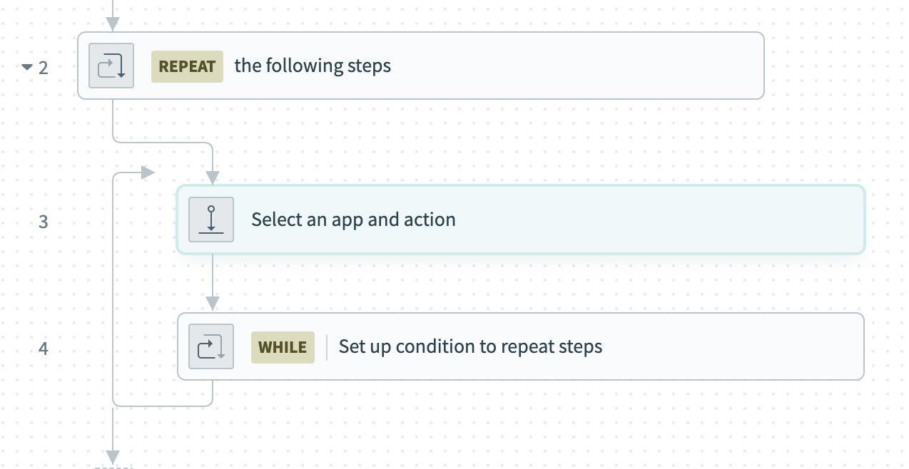 Select an app and action in the Repeat while loop