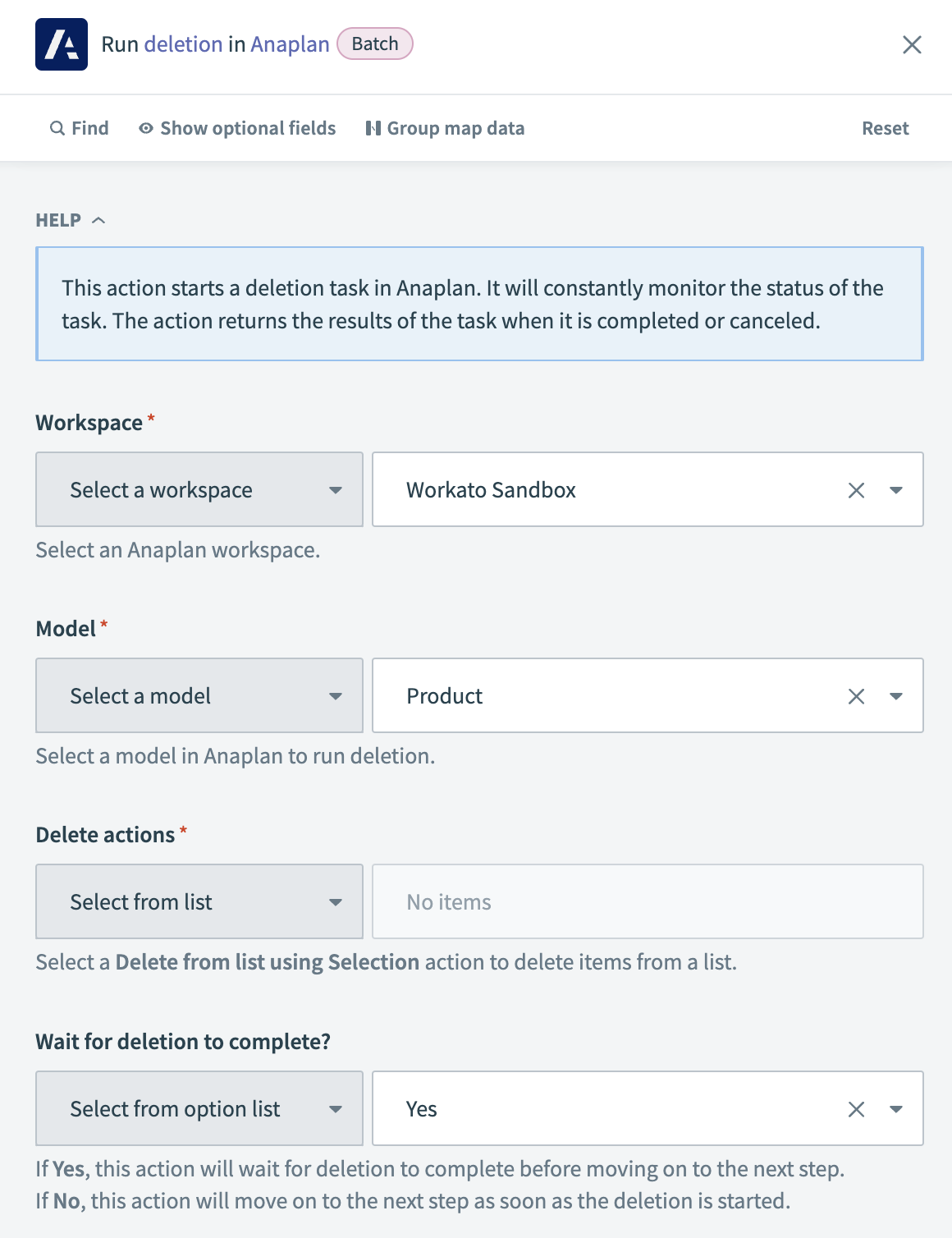 Run deletion in Anaplan action