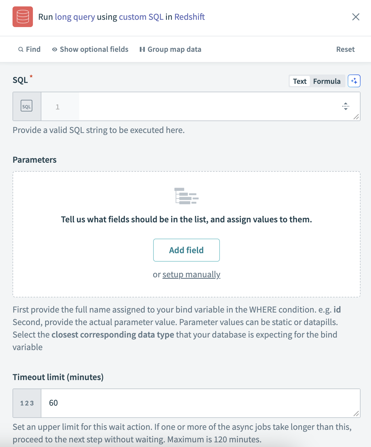 Run long query custom SQL action