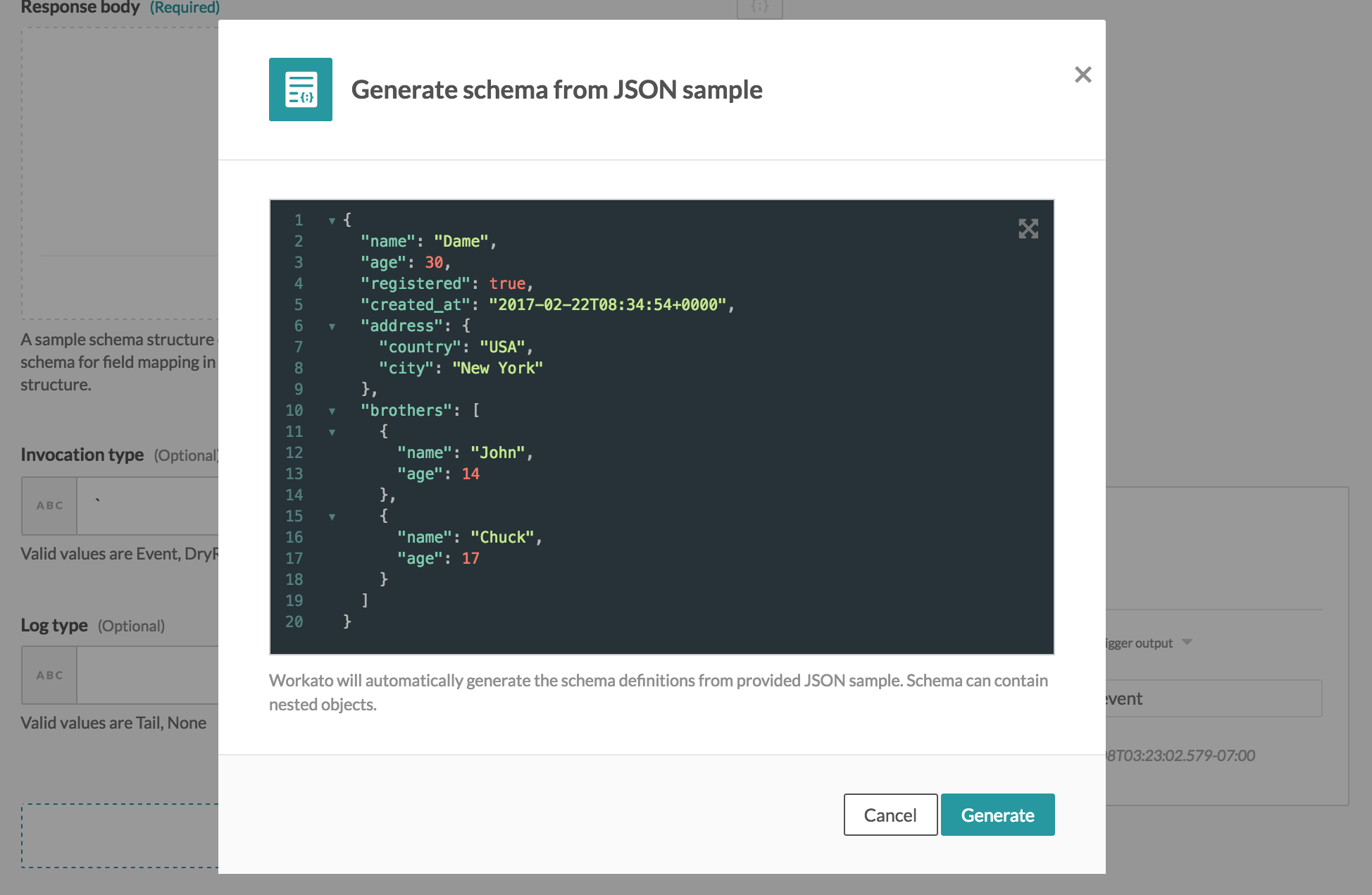 サンプルの JSON のポップアップ表示