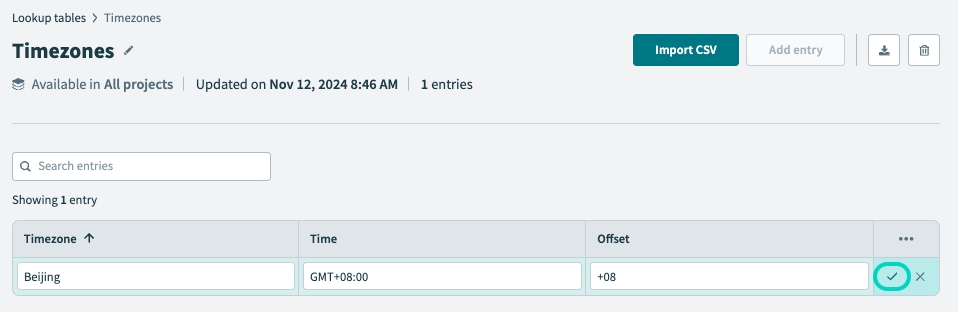 Save button highlighted in lookup table entry