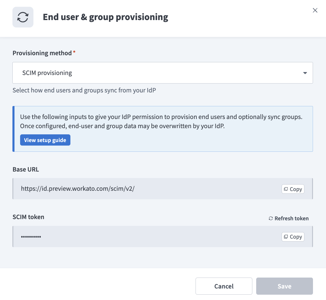 Copy the Base URL and SCIM token