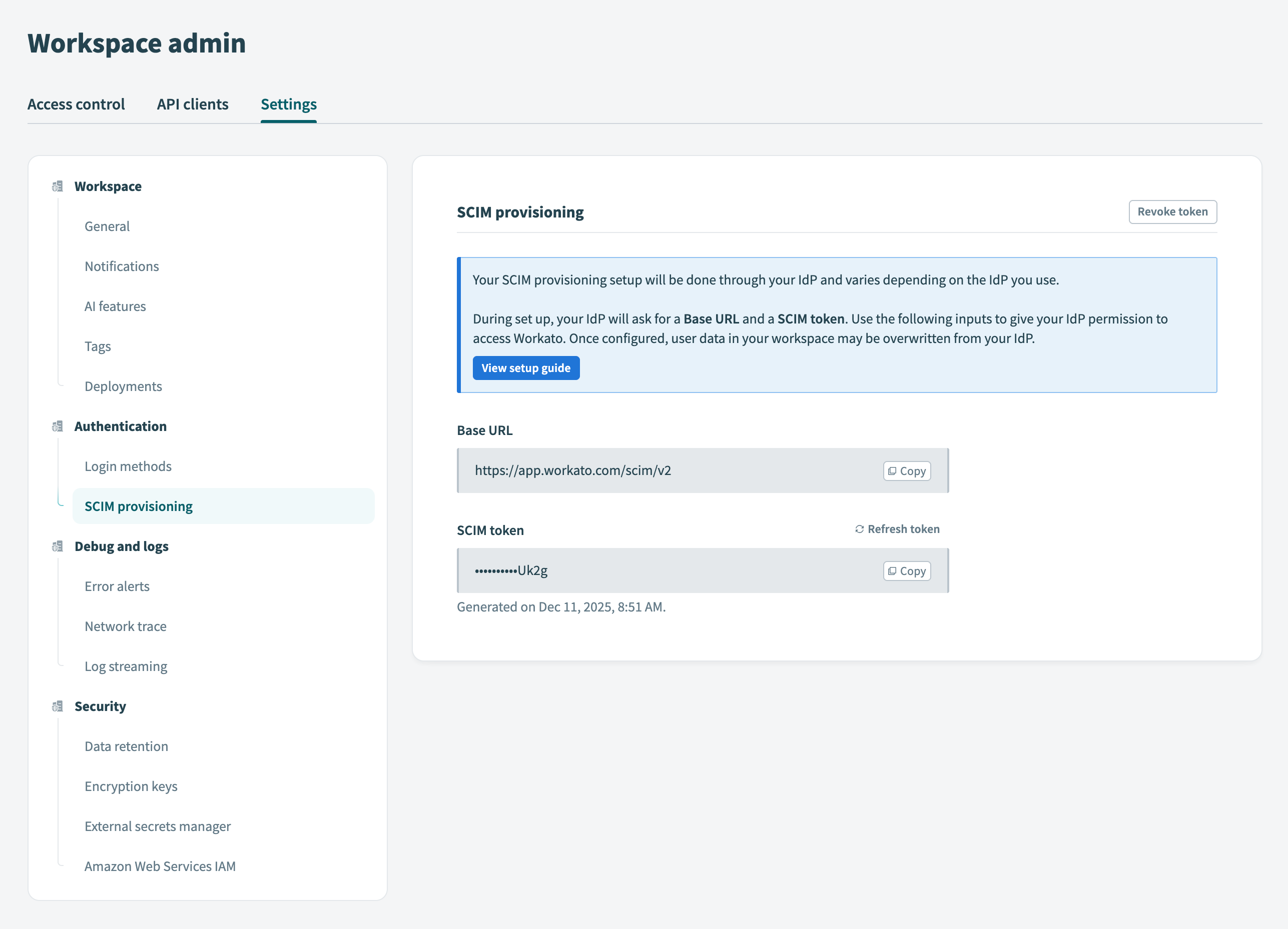 SCIM provisioning settings