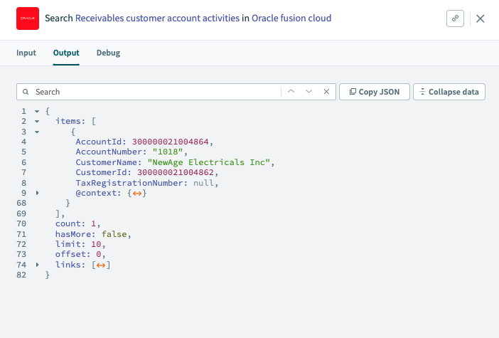 Receivables customer account activities search using advanced query action - Output