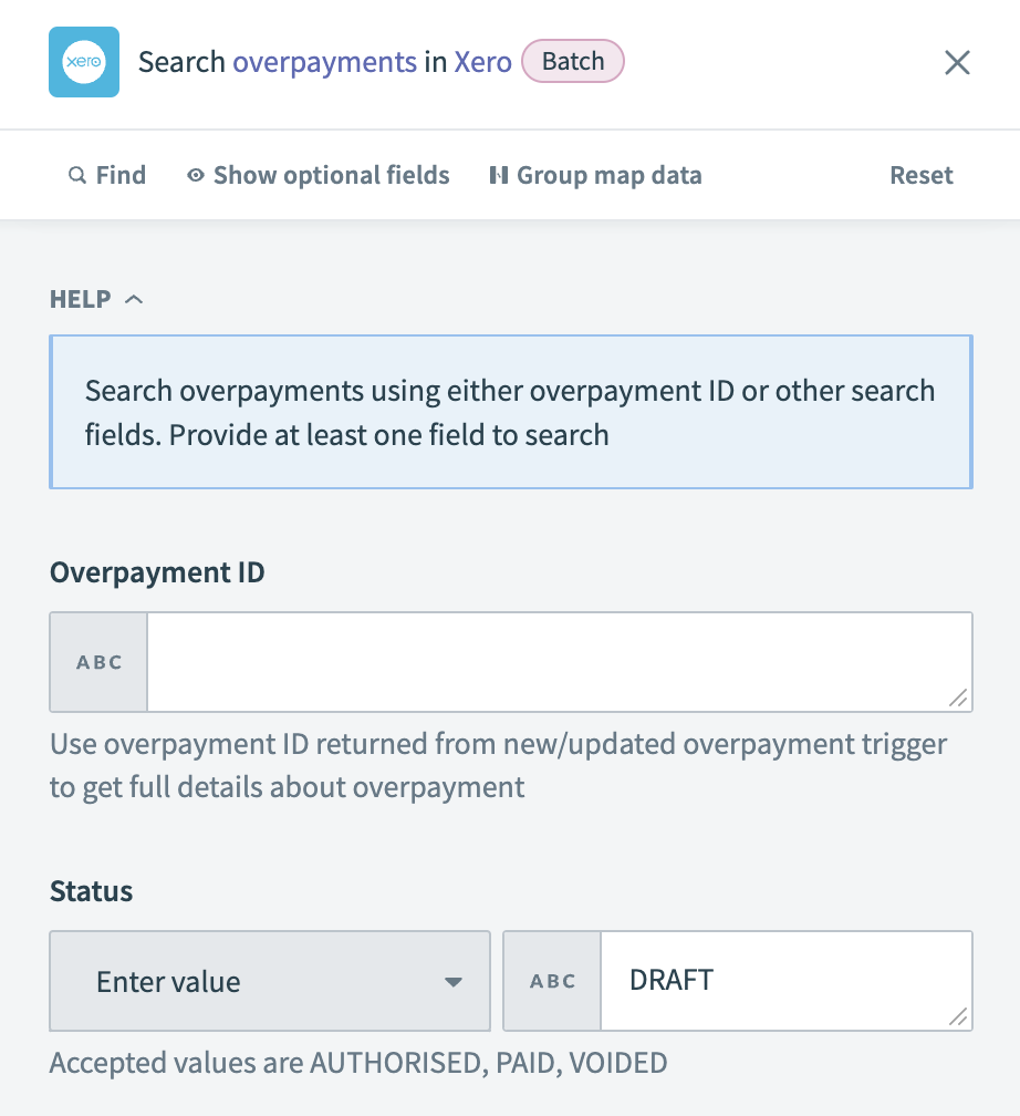 Search overpayments action