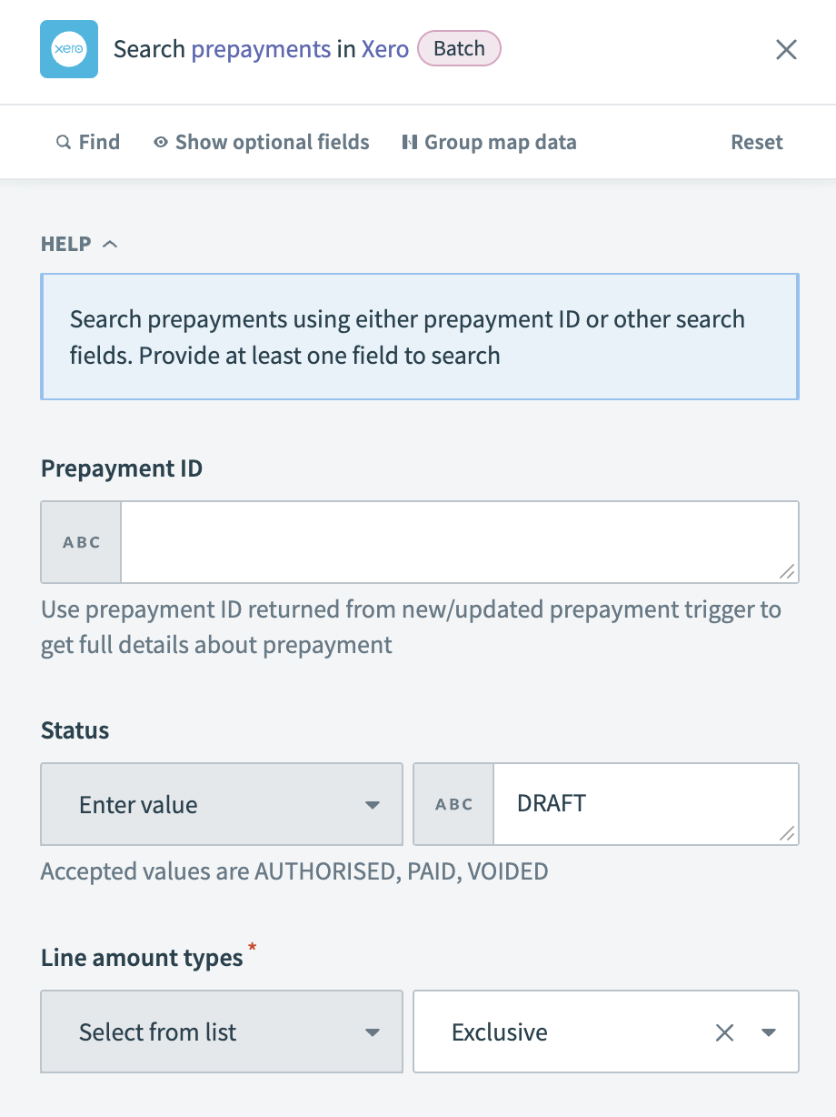 Search prepayments action