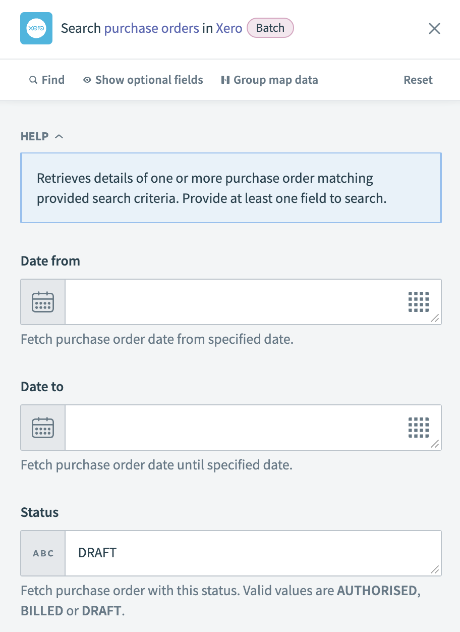 Search purchase orders action