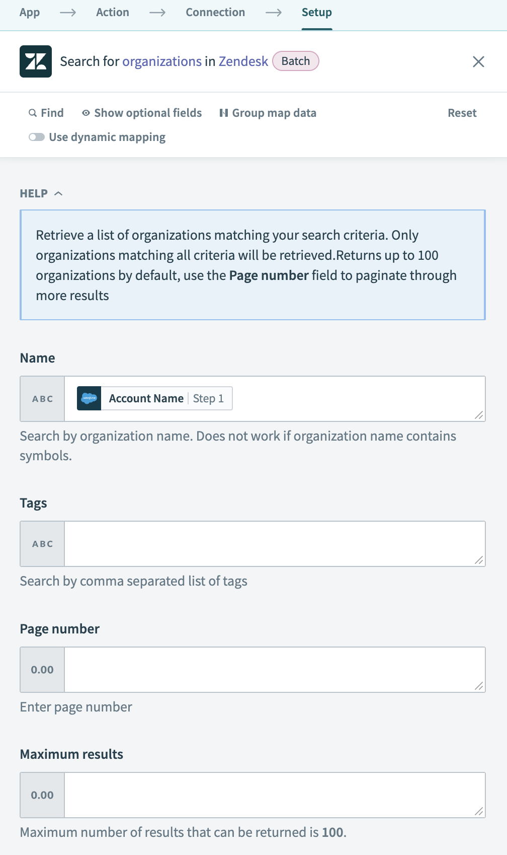 Search Zendesk organizations by Salesforce account name