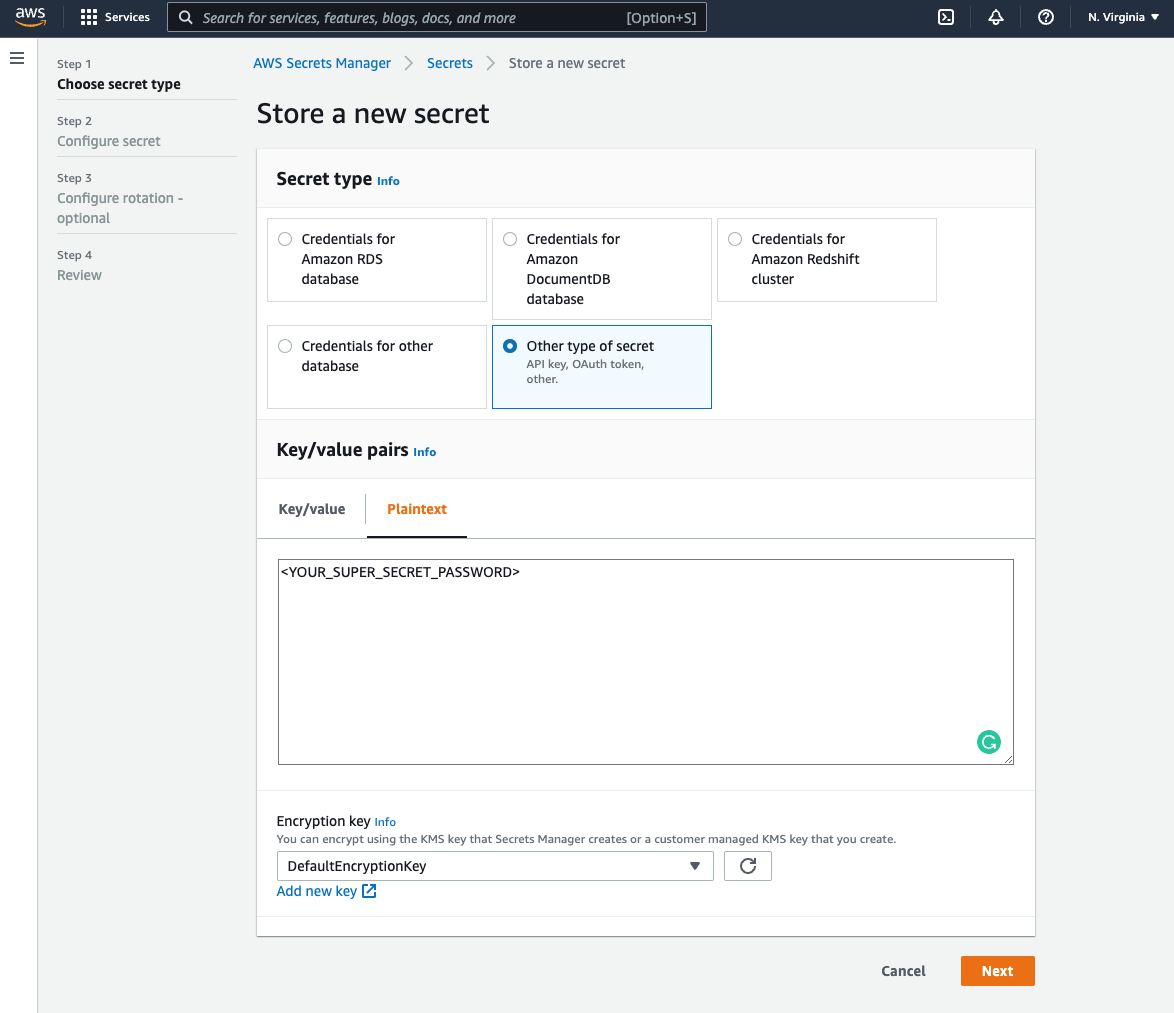 Configured Secret Type page in AWS Secrets Manager