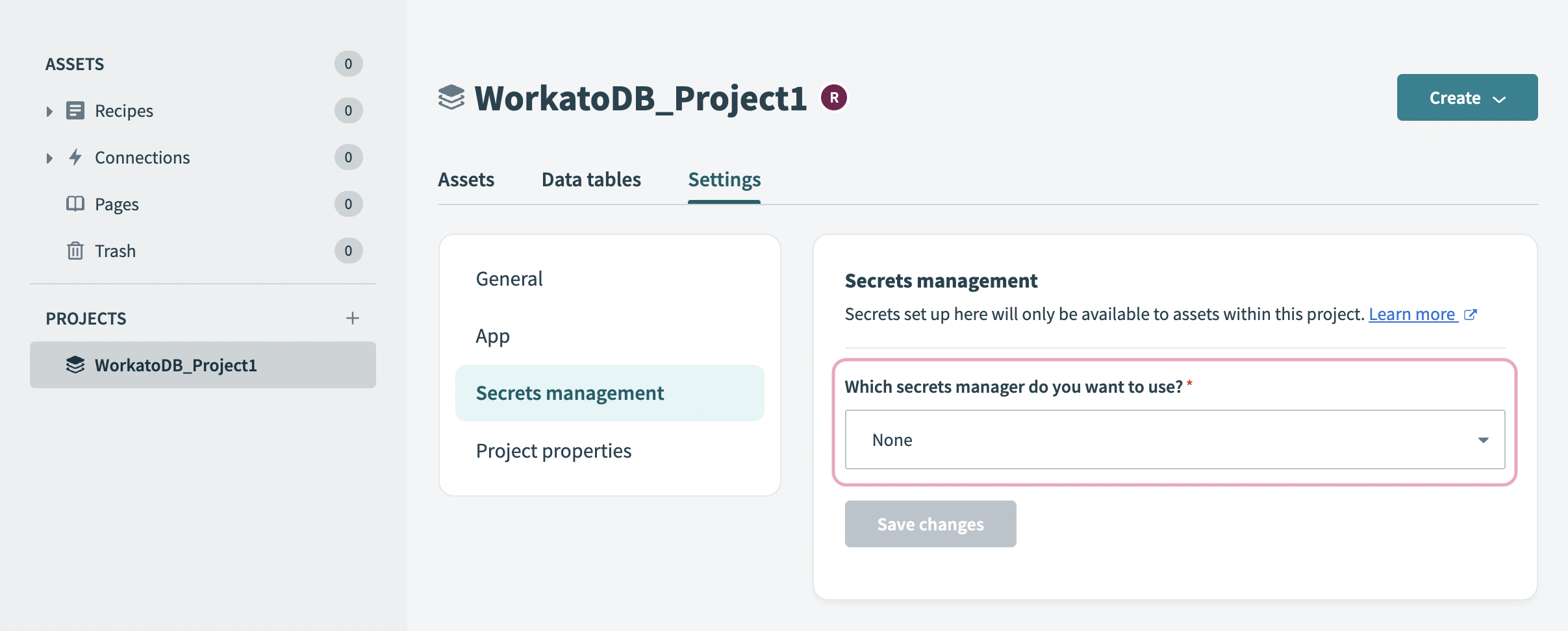 Secrets management interface of a project