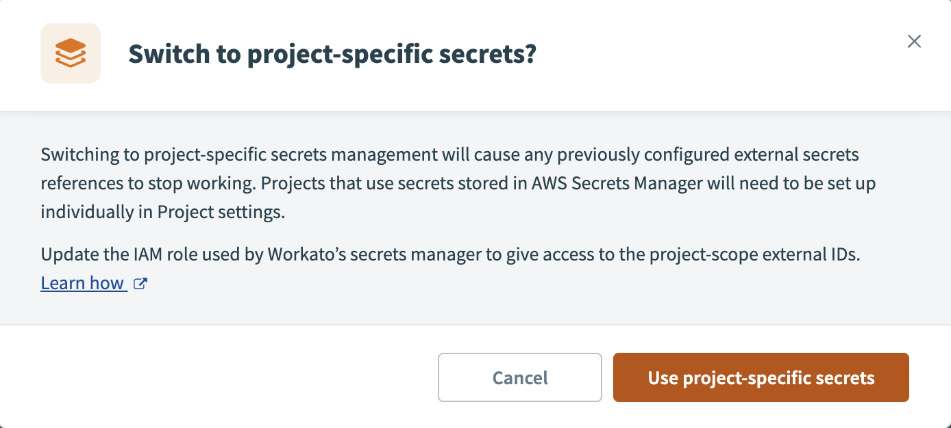 Workato secrets management, confirm project level