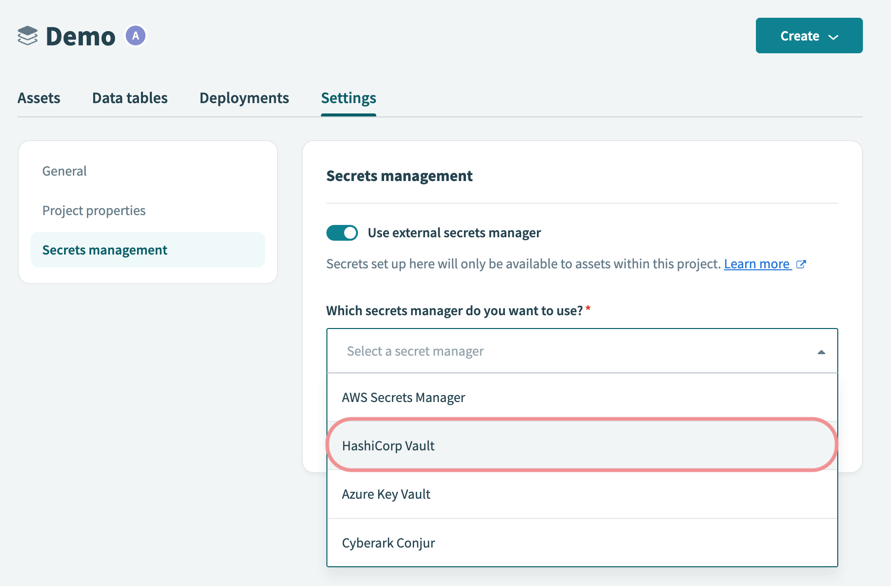 Secrets management interface of a project