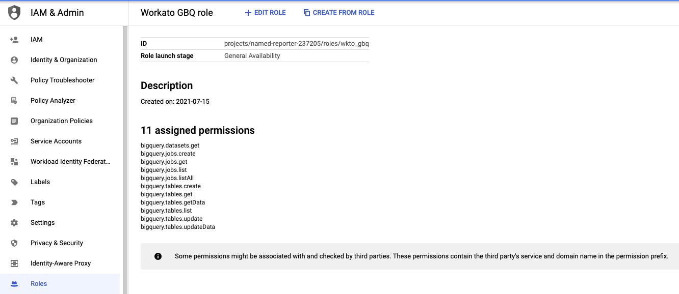 BigQuery custom role with 11 assigned permissions