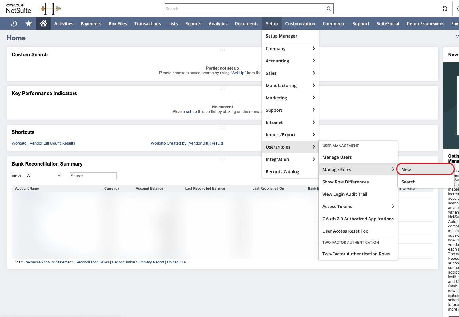 Navigate to Setup > Users/Roles > Manage Roles