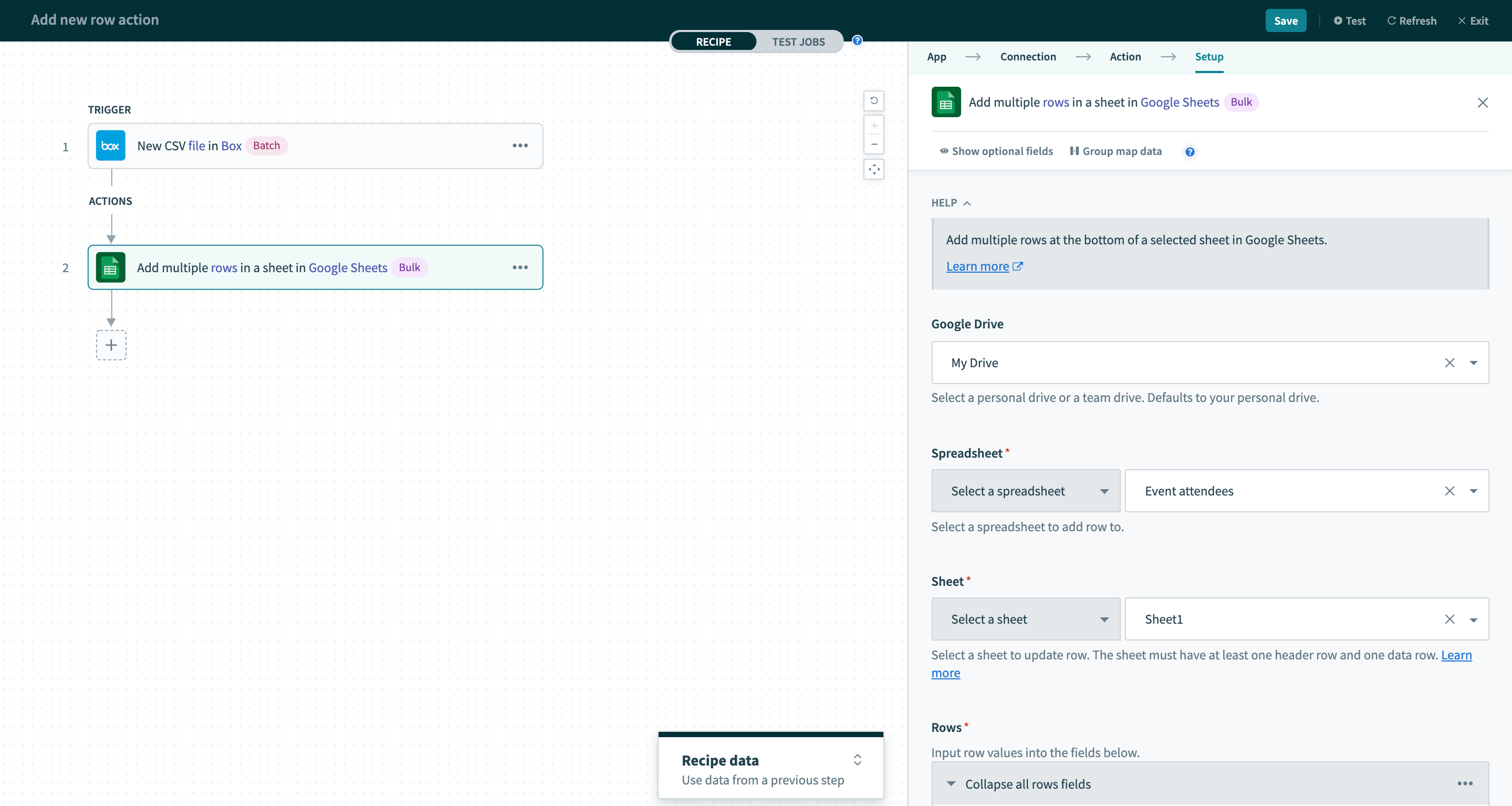 Workato Connectors Google Sheets Add Rows In Bulk Action Workato Docs