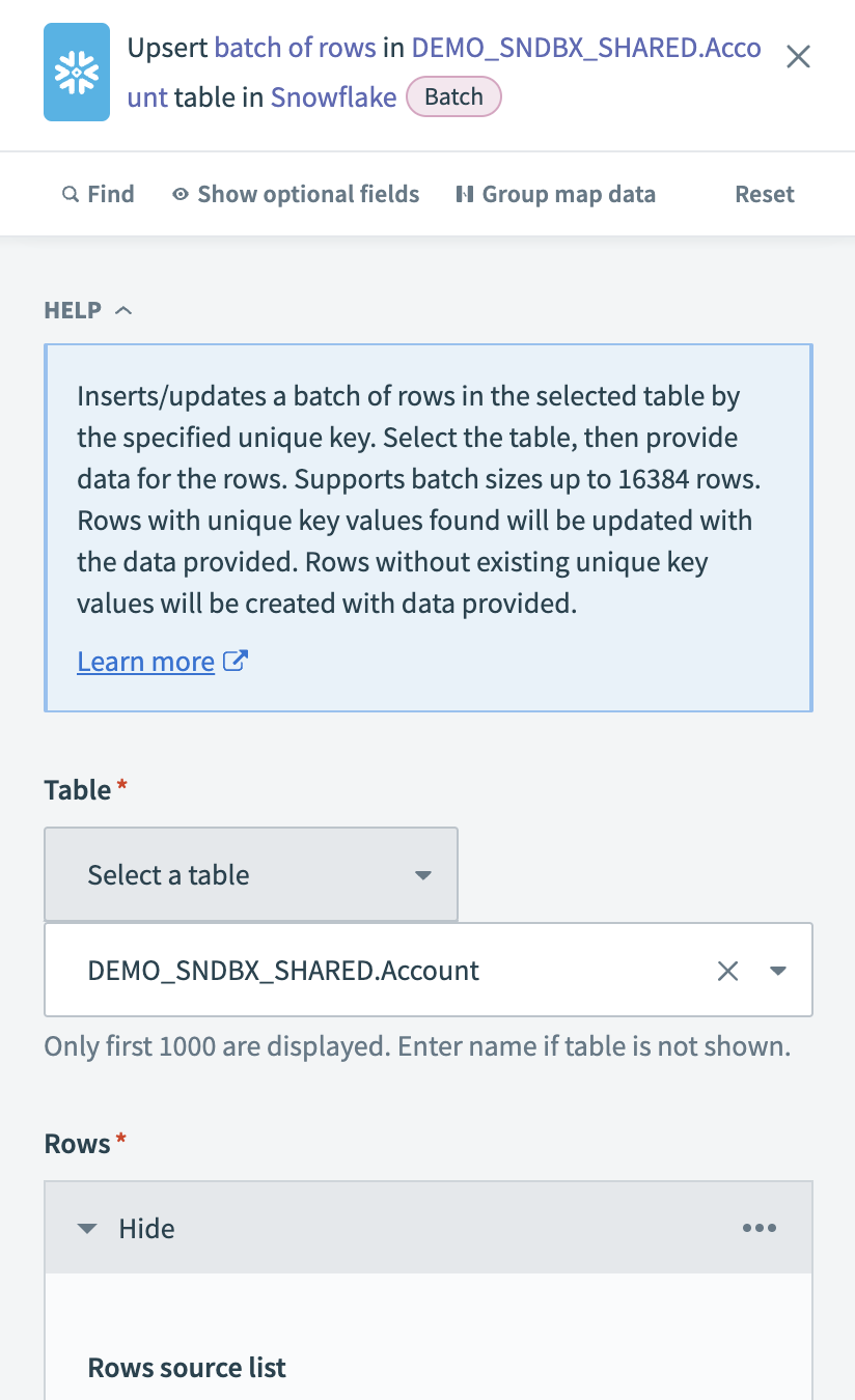 Configure the Snowflake Upsert rows batch action