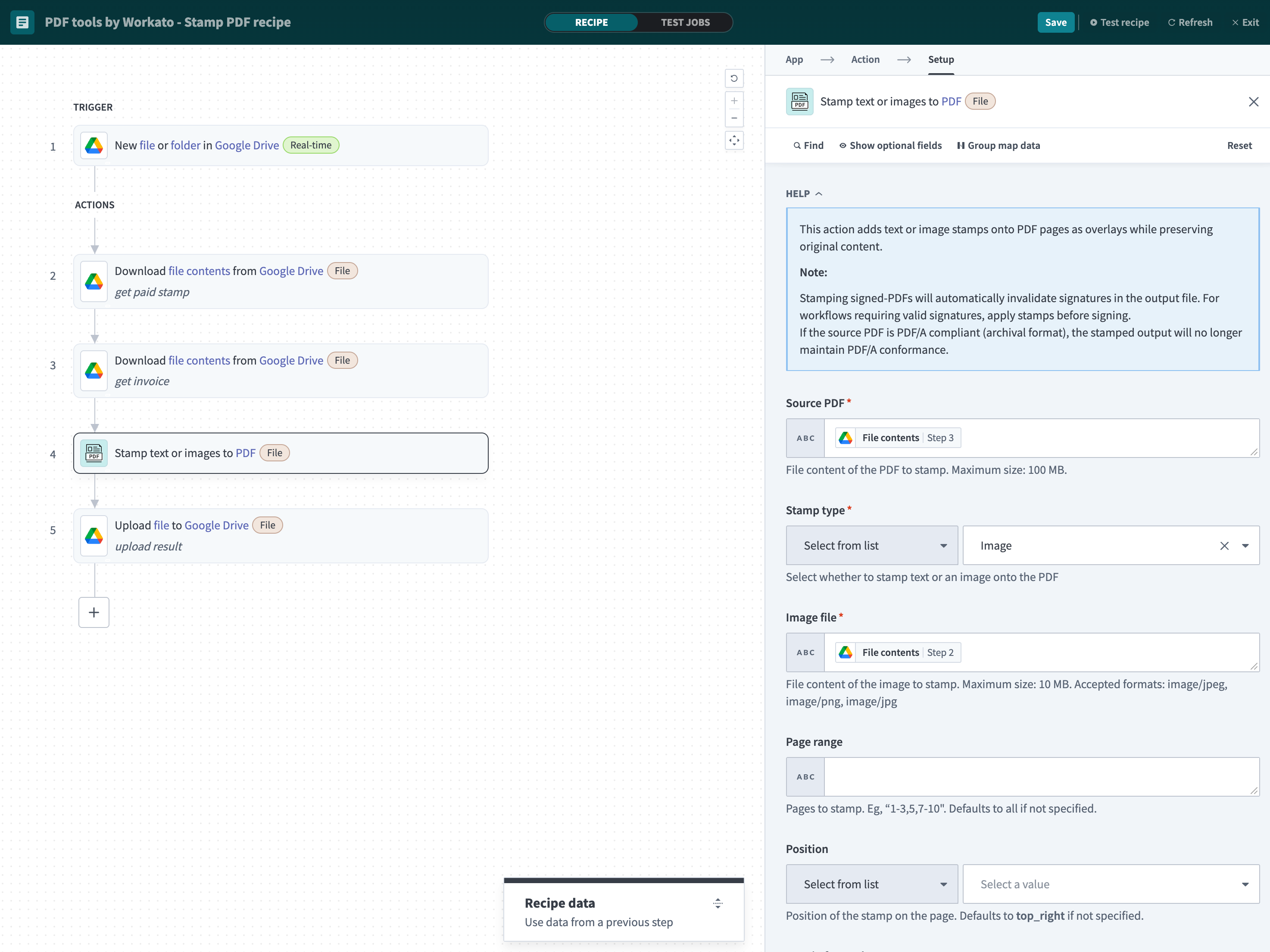 Stamp PDF recipe workflow