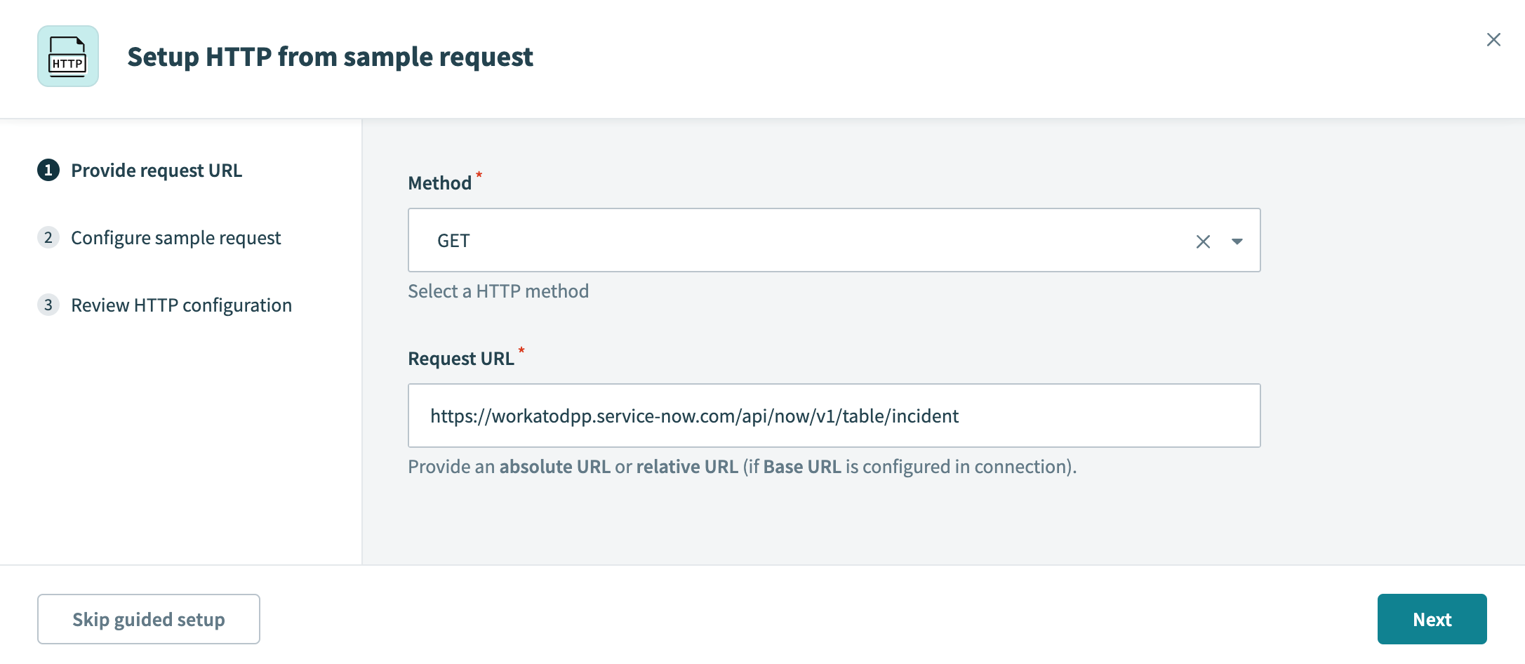 Configuring HTTP method and request URL