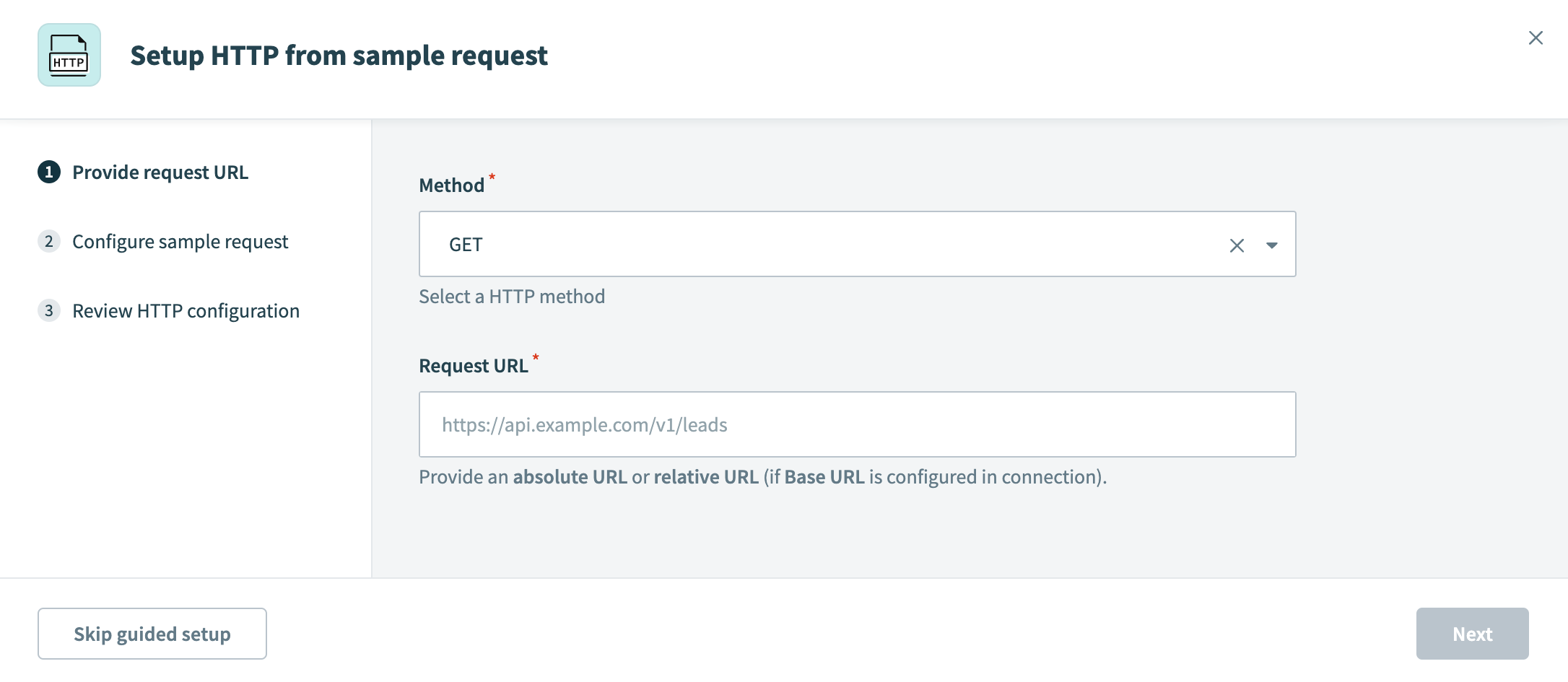 Provide HTTP method and request URL