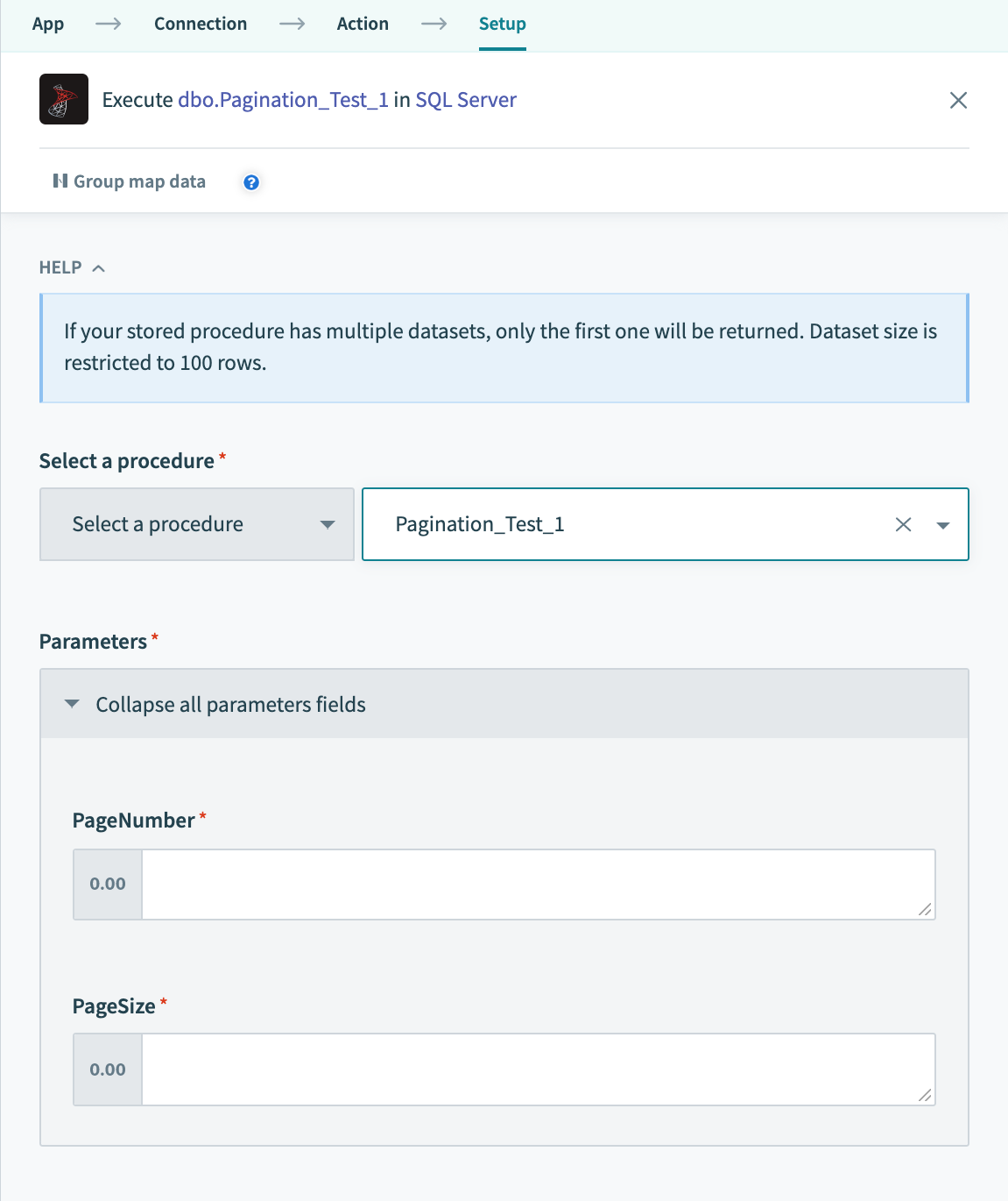 Execute stored procedure rows action