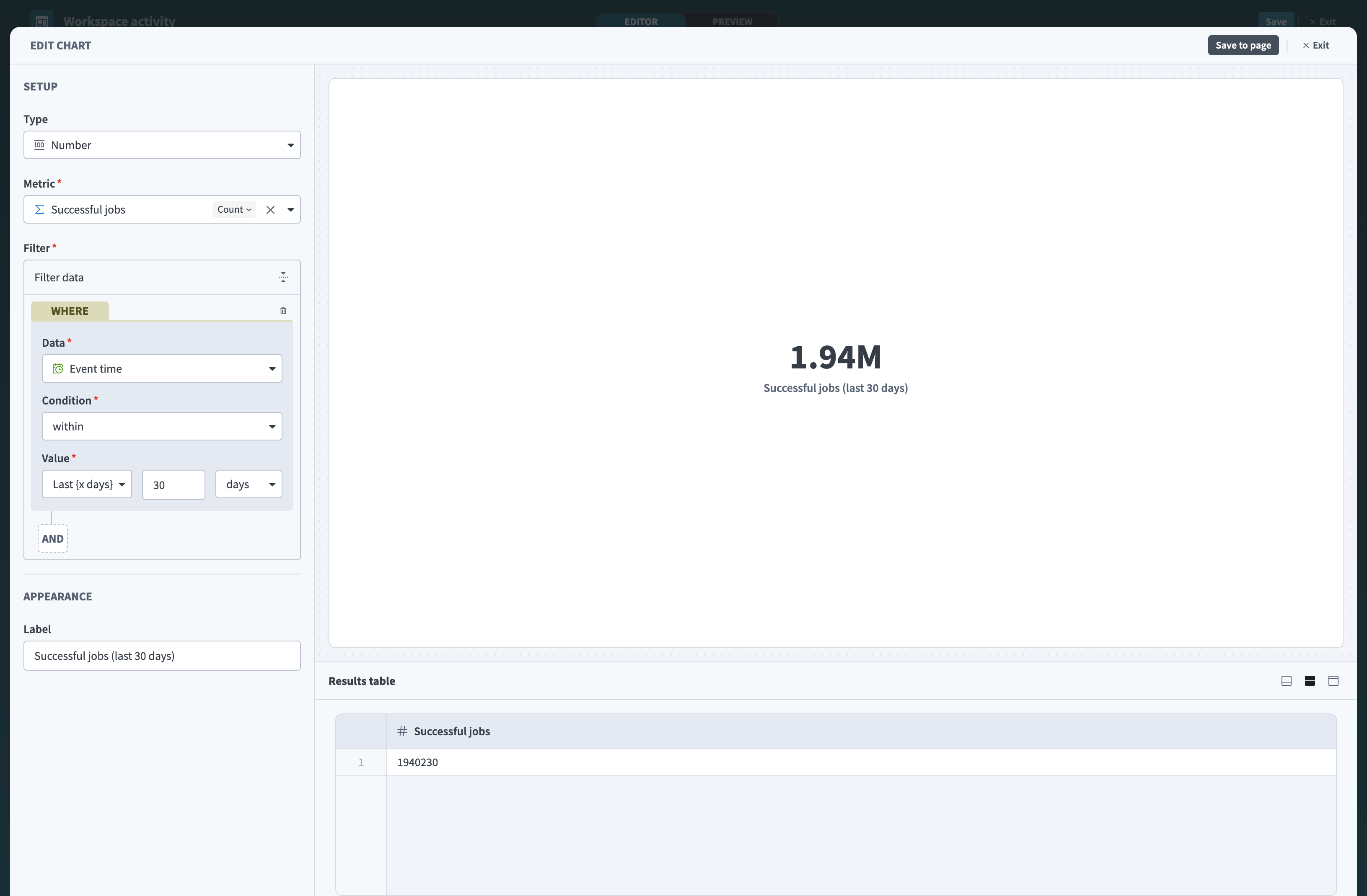 EDIT CHART panel showing Metric set to Successful jobs with an Event time filter for the last 30 days and Label set to Successful jobs (last 30 days)