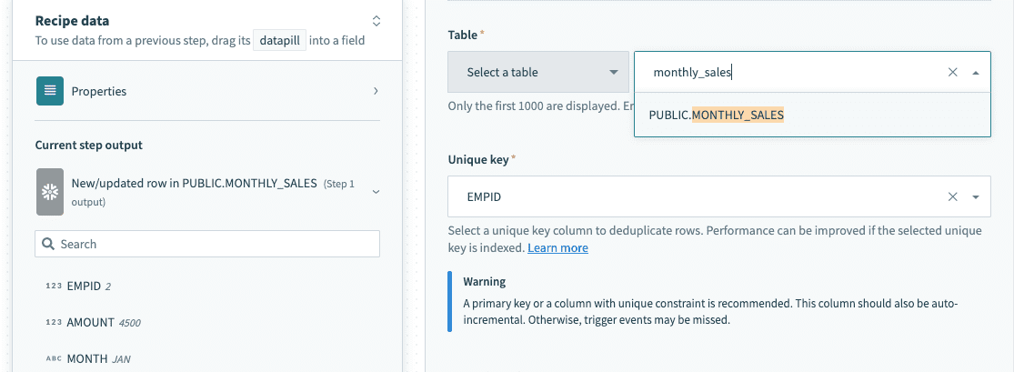 Table selection from pick list