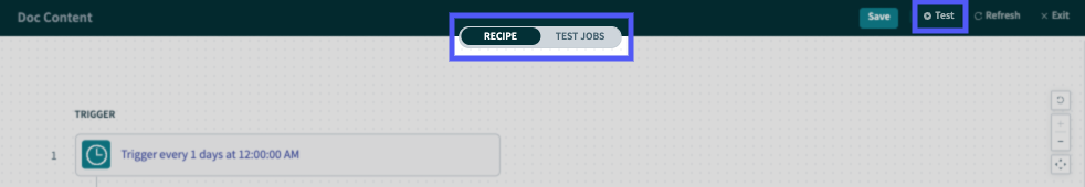 Test mode toggle and button in the Recipe editor