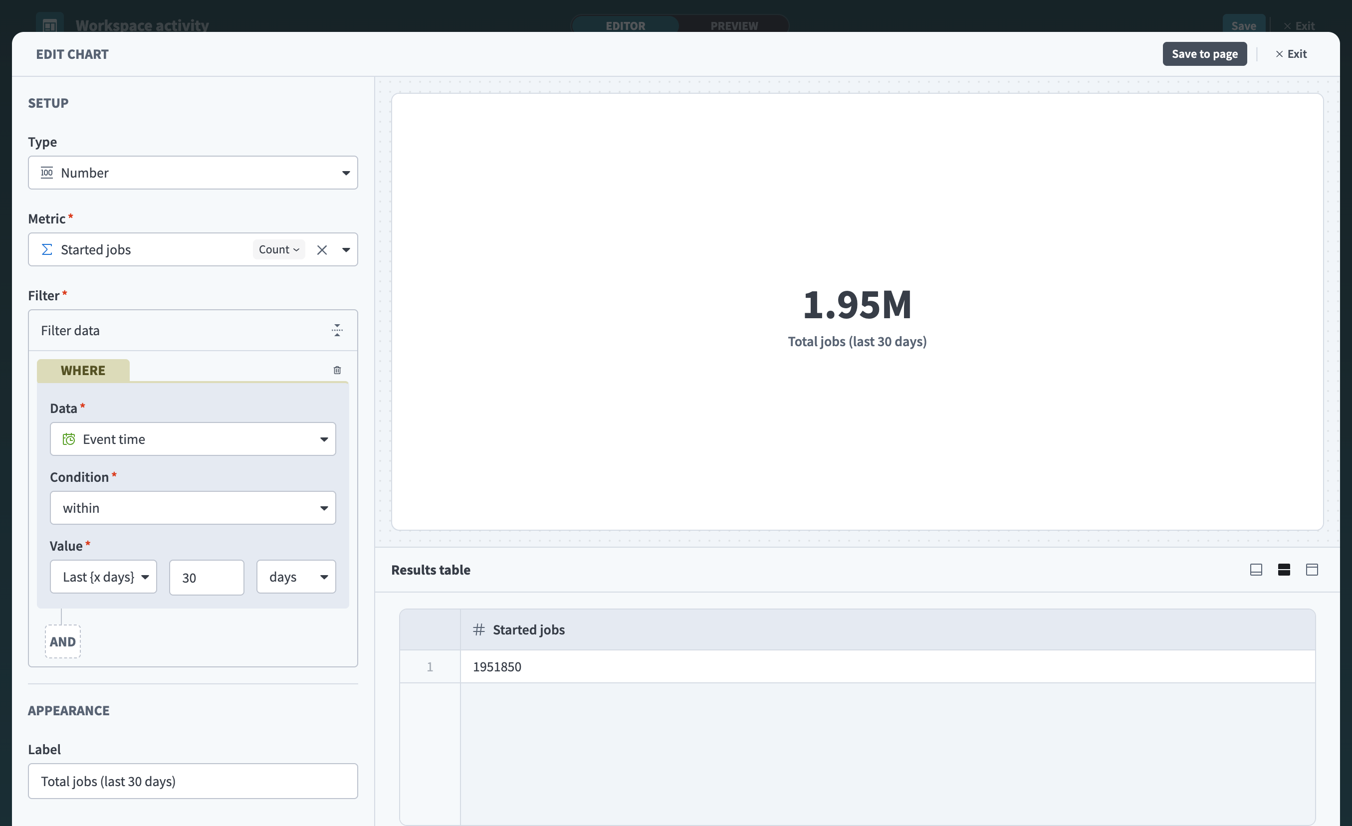 EDIT CHART panel showing Metric set to Started jobs with an Event time filter for the last 30 days and Label set to Total jobs (last 30 days)