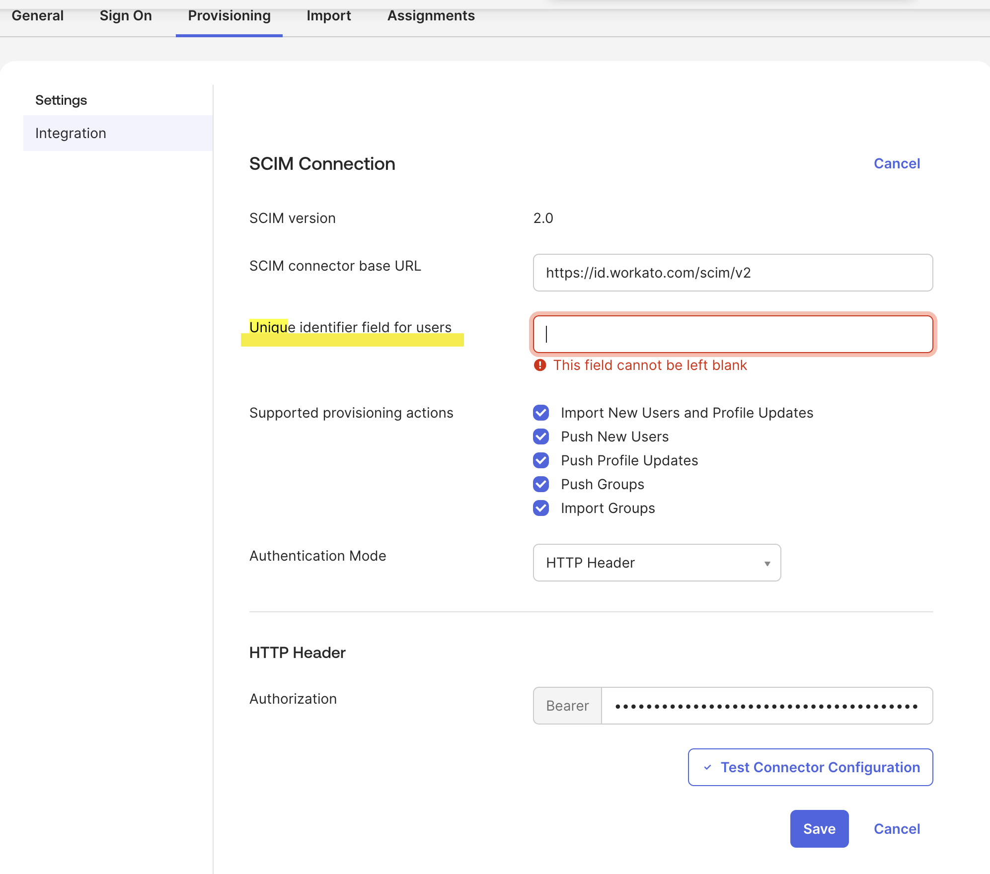 Use email as the value for the Unique identifier field for users field 