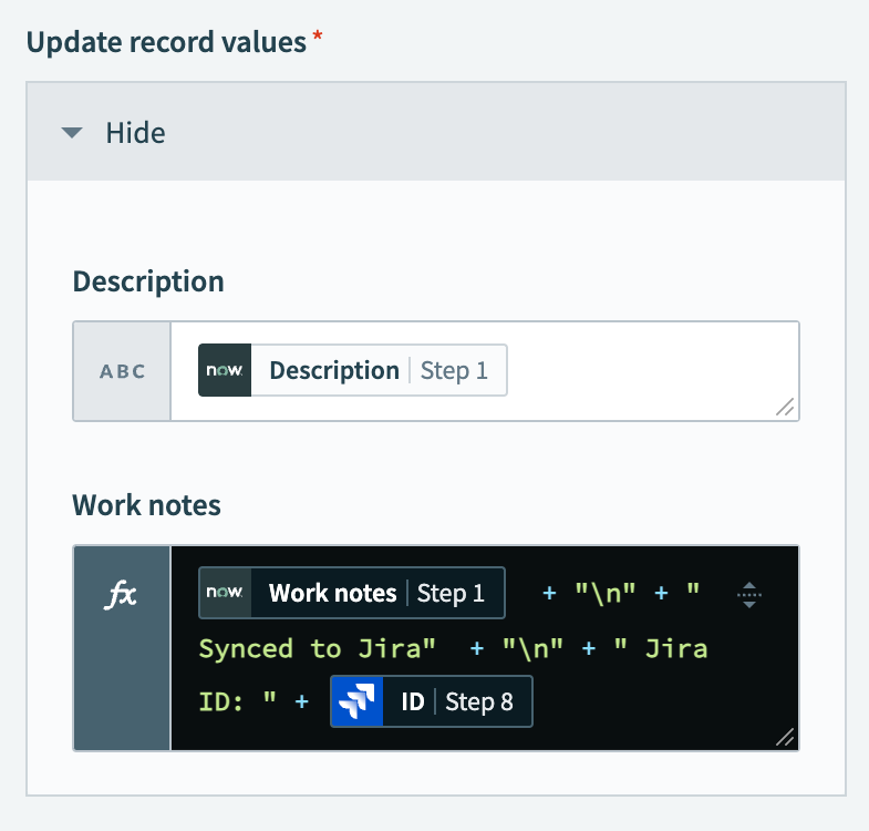 Configure the Update record values field