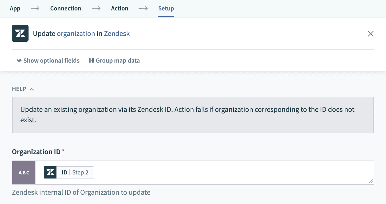 Updating Zendesk organization identified by ID
