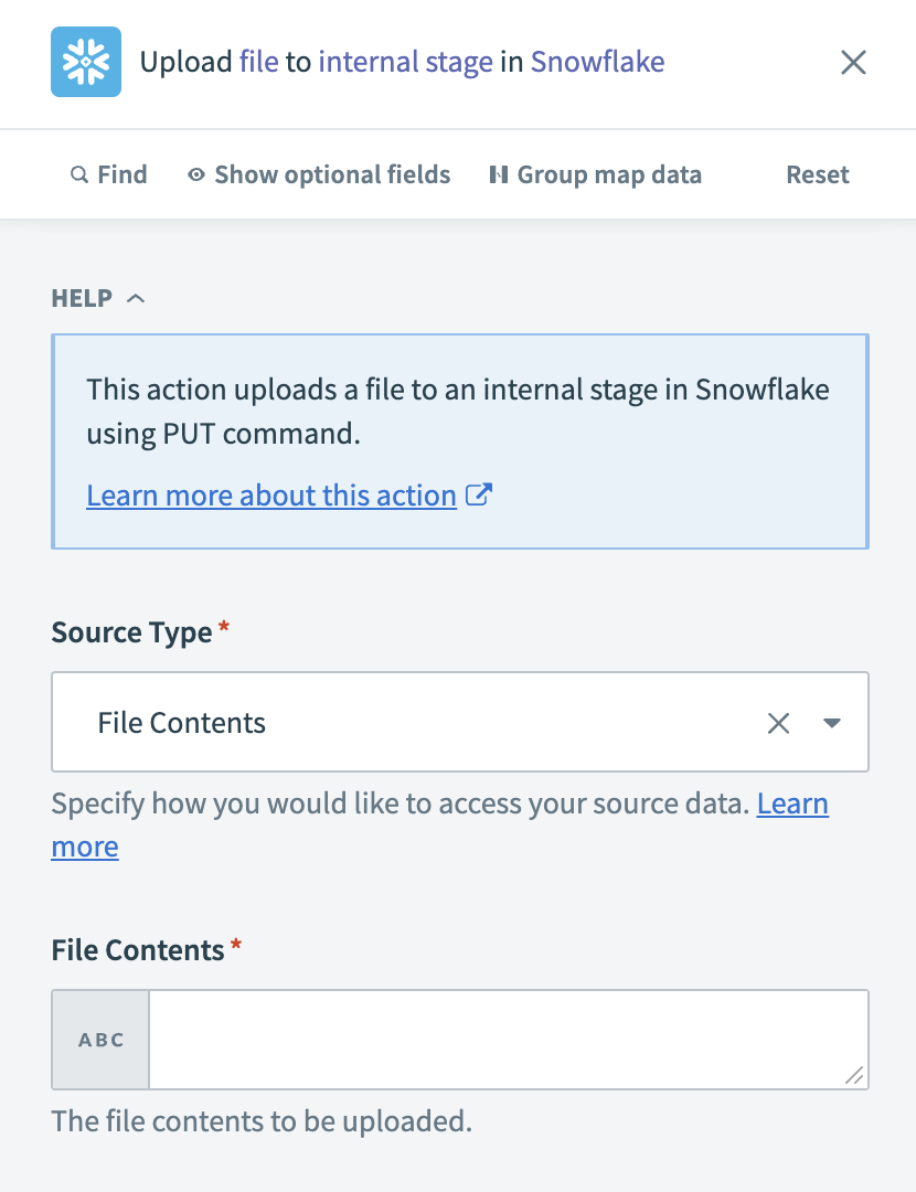 Configure the upload file to internal stage action