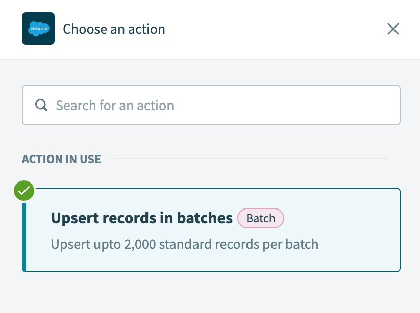 Select the Upsert records in batches action